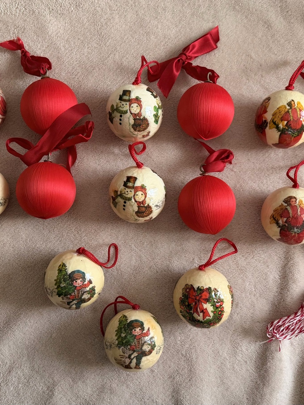 20pc Vintage Paper Mache Christmas Ornament Set, Red and Cream